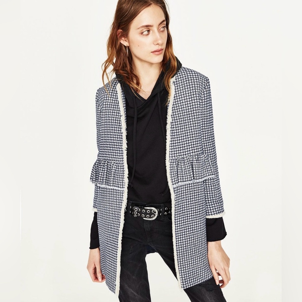 Zara woman gingham open coat ruffle waist
